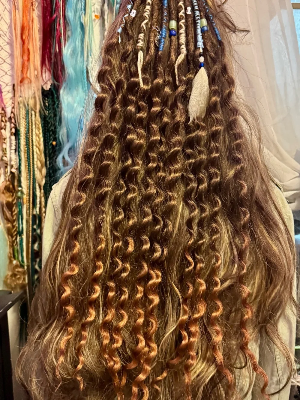 Boho Curly Brown Hair Extensions with Blue Bead Accents